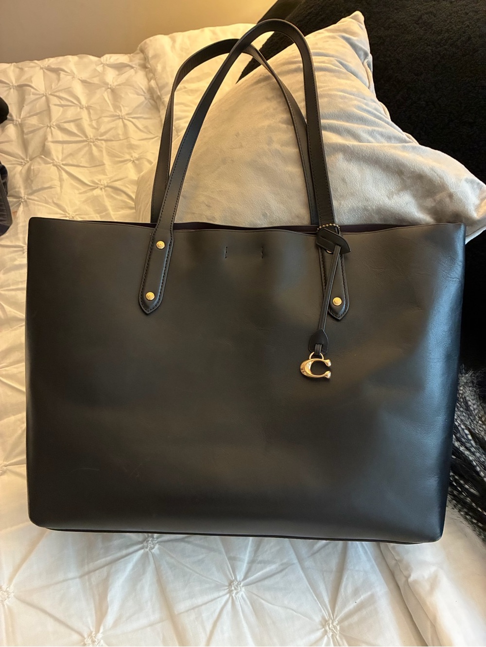 Coach Black Leather Tote with Gold 'C' Charm